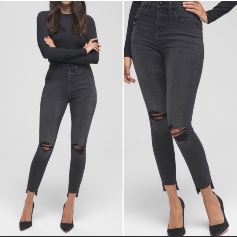 Good American Charcoal Skinny Jeans High Waist Slim Ripped Denim; SIZE 12/31